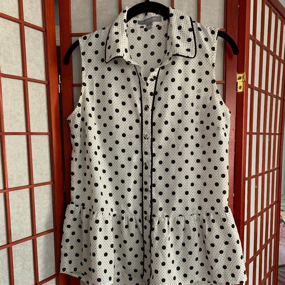 Polk dot, peplum, button up sleeveless top
